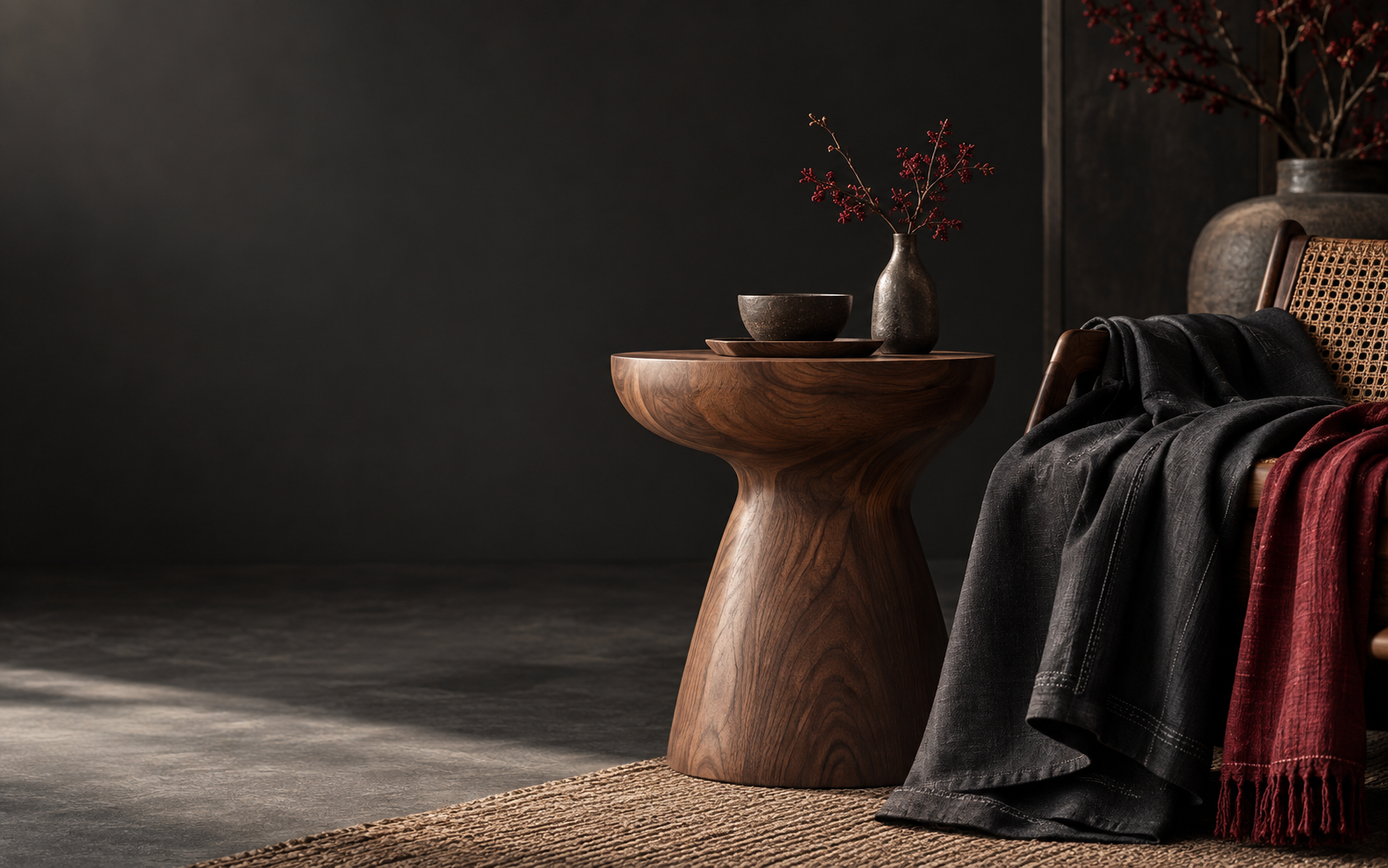 Handcrafted wooden furniture styled with dark woven apparel