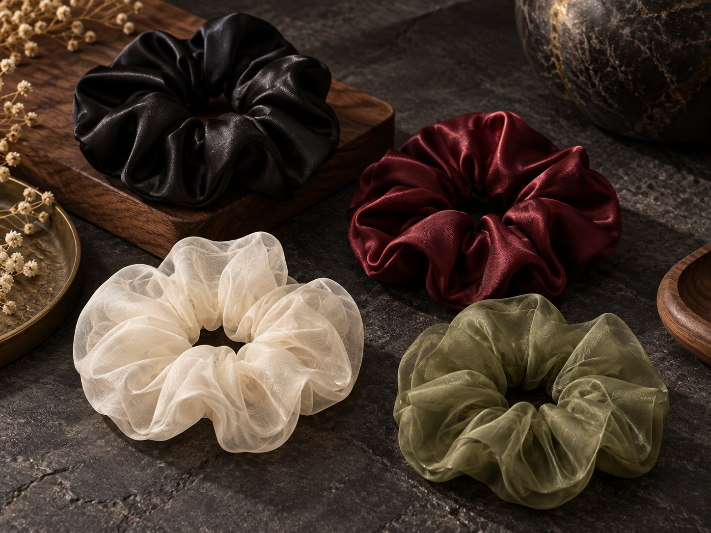 Aize Bo satin and organza scrunchies in black, burgundy, ivory and olive